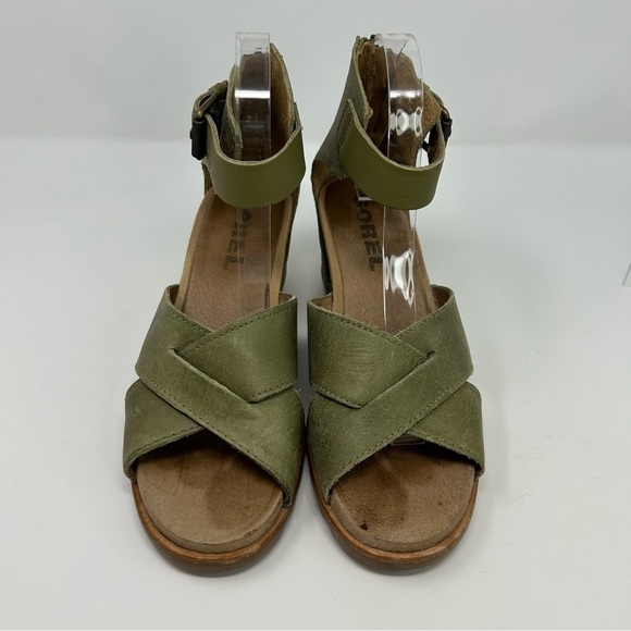 Sorel Joanie II Olive Green Leather Chunky Wedge Sandals Buckle Strap Size 10 - Picture 4 of 13